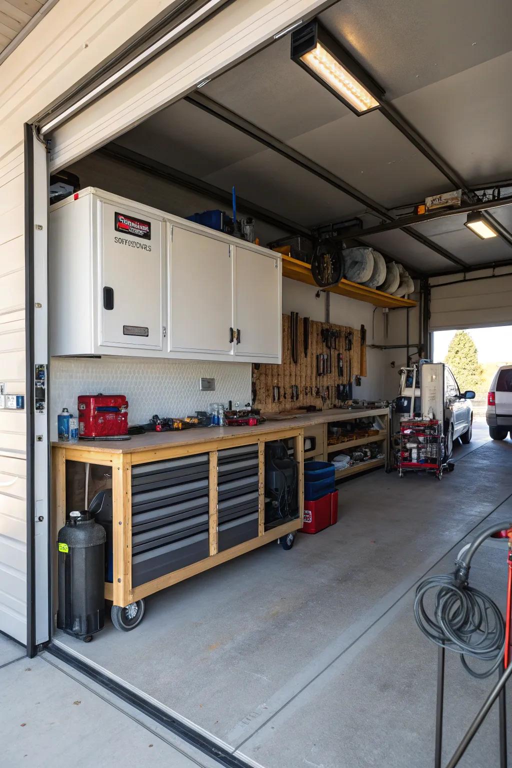 RV garage that includes an integrated workspace to encourage innovation and repairs.