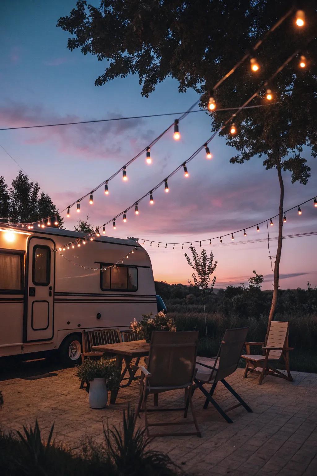 String lights create a magical evening ambiance.