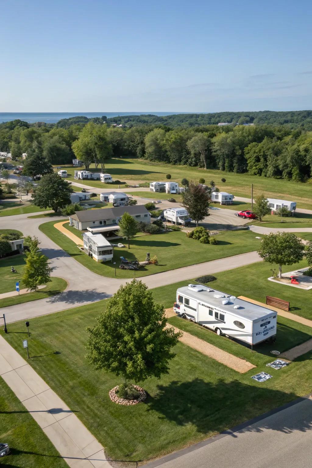 A modern RV park layout with diverse site options.