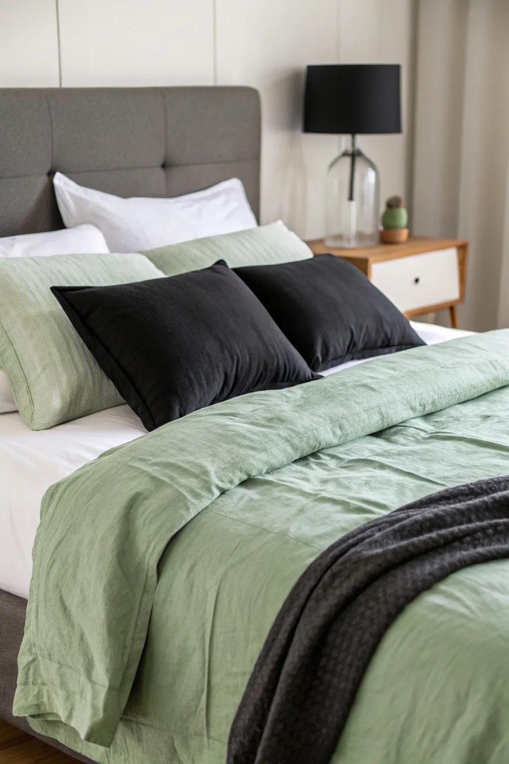 Multi-layered bedding in verdant, noir, and blanc offers both ease and style.