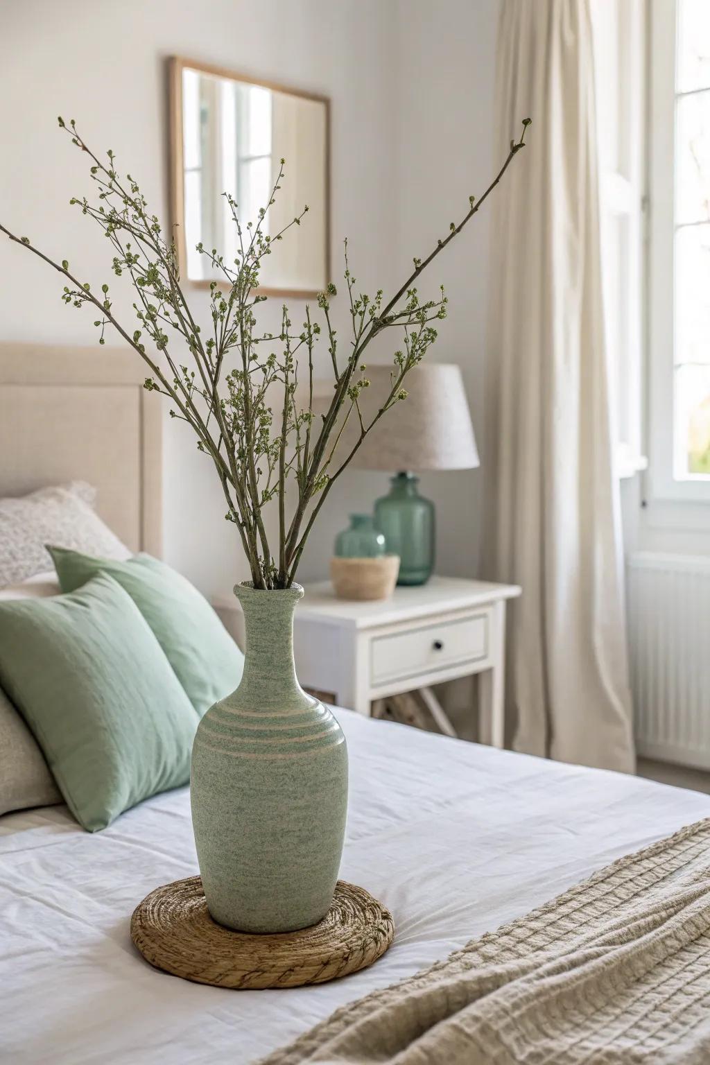 Find calmness with minimalist soft green decor.