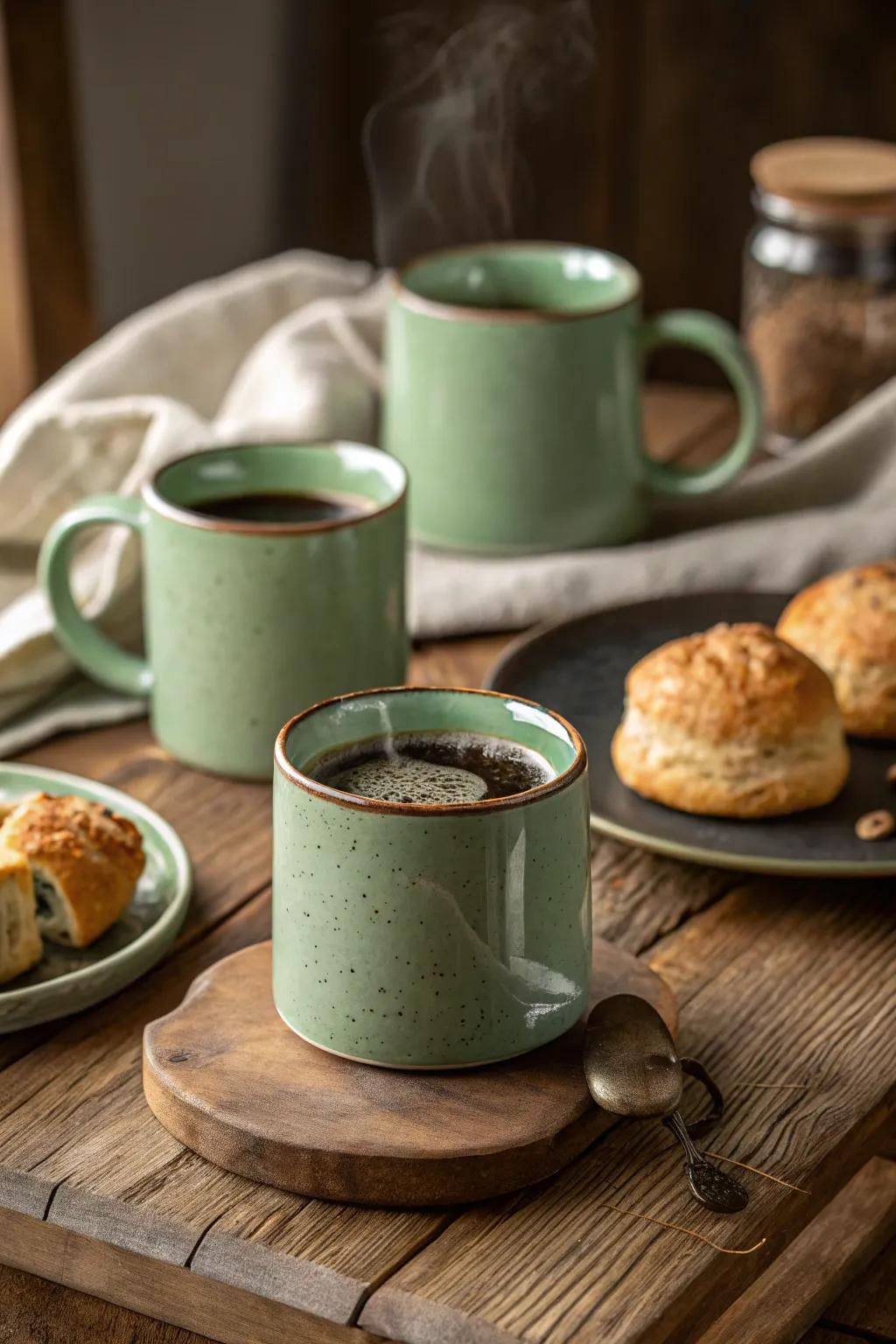 Sage green cups deliver a calming start to your day.