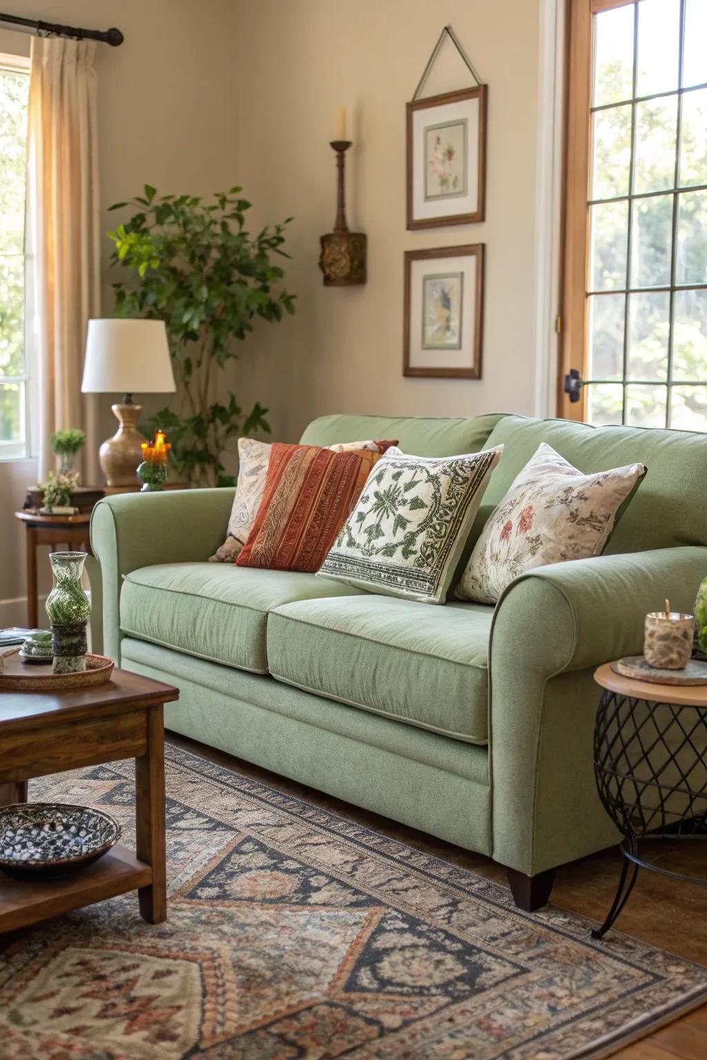 A sage green sofa serves as a stylish and calming focal point.