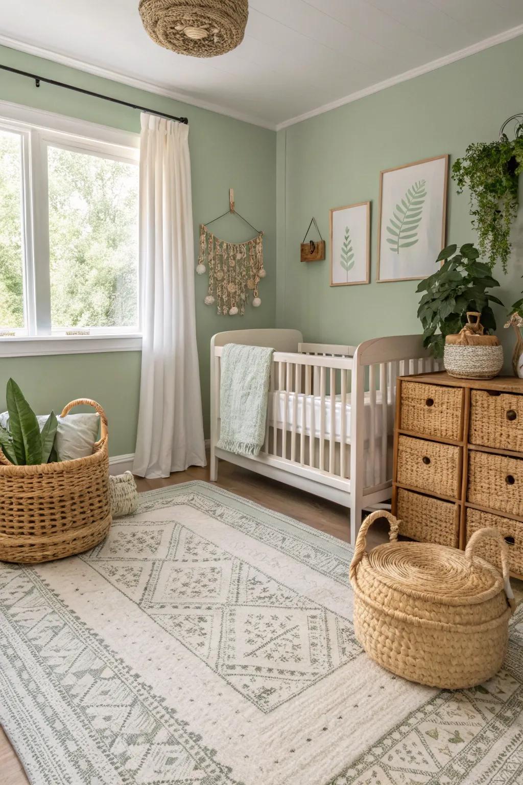 Textured decorations add warmth and charm to a sage green nursery.