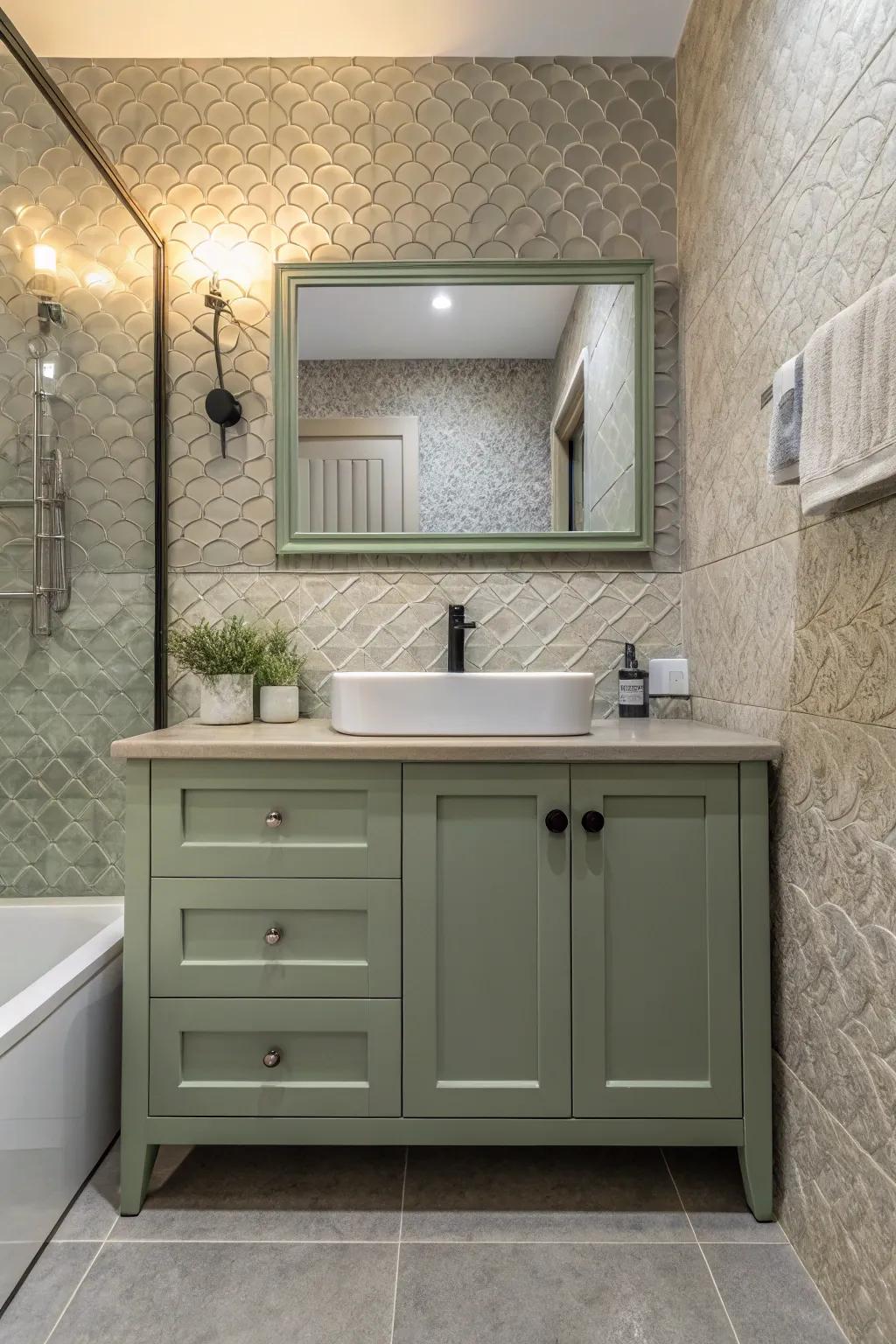 A bathroom exhibiting a sage green vanity featuring textured tiling and gentle fabrics.
