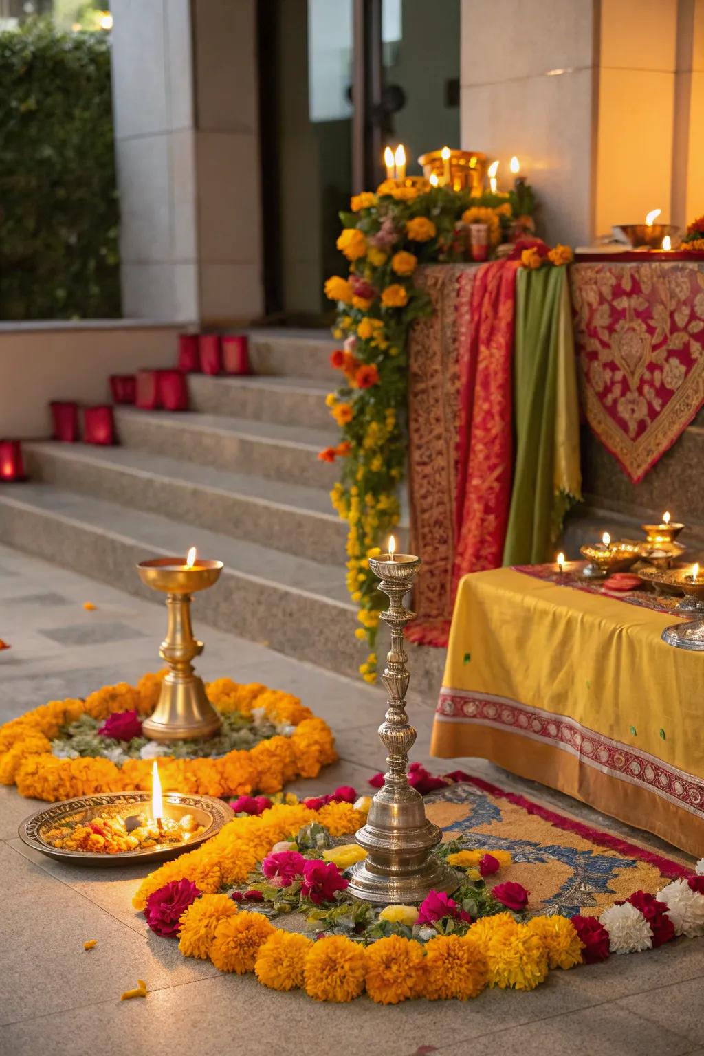 An appealing puja setting emanates devotion and heat.