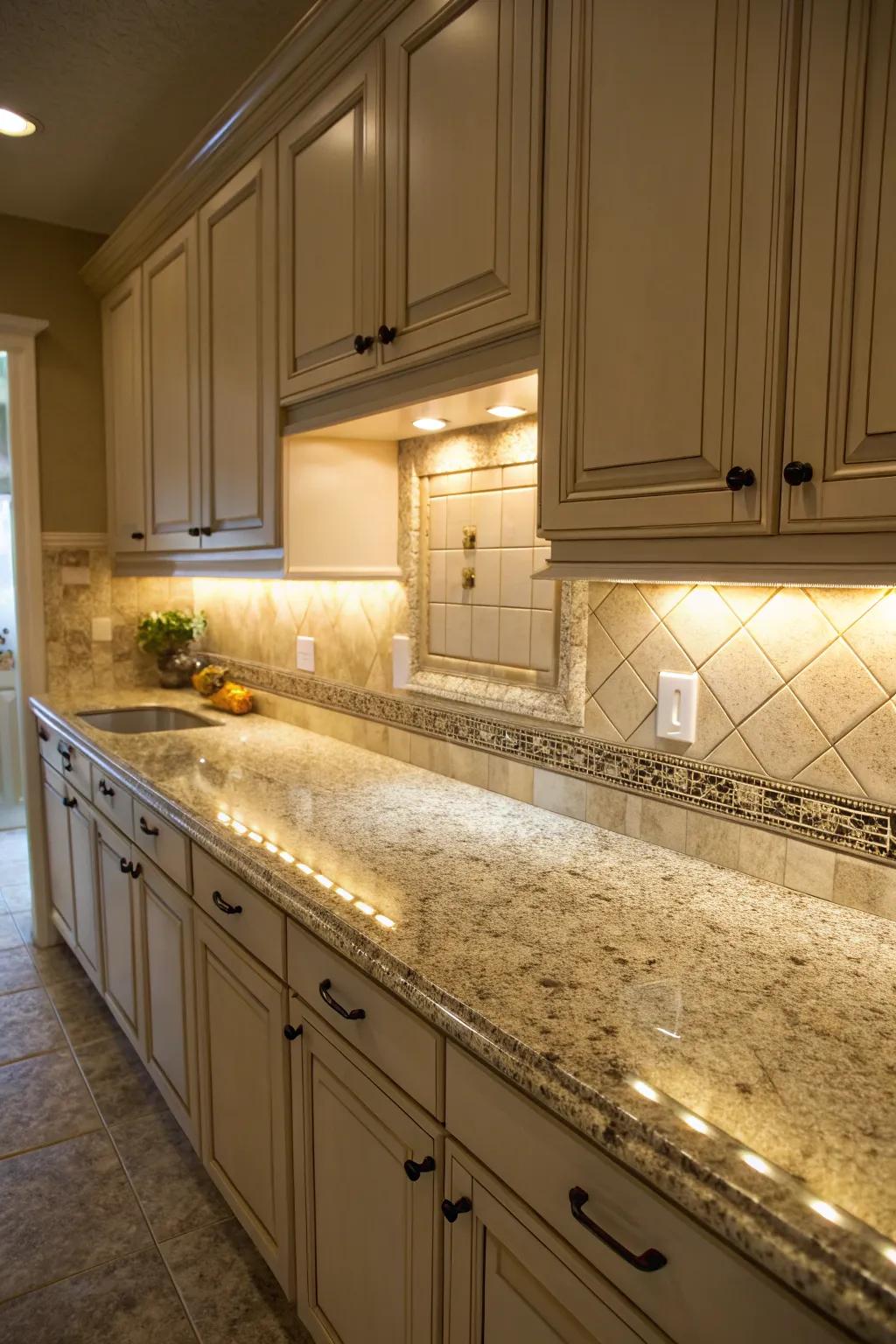 Undercabinet lighting highlights the natural beauty of Sierra Gold stone.