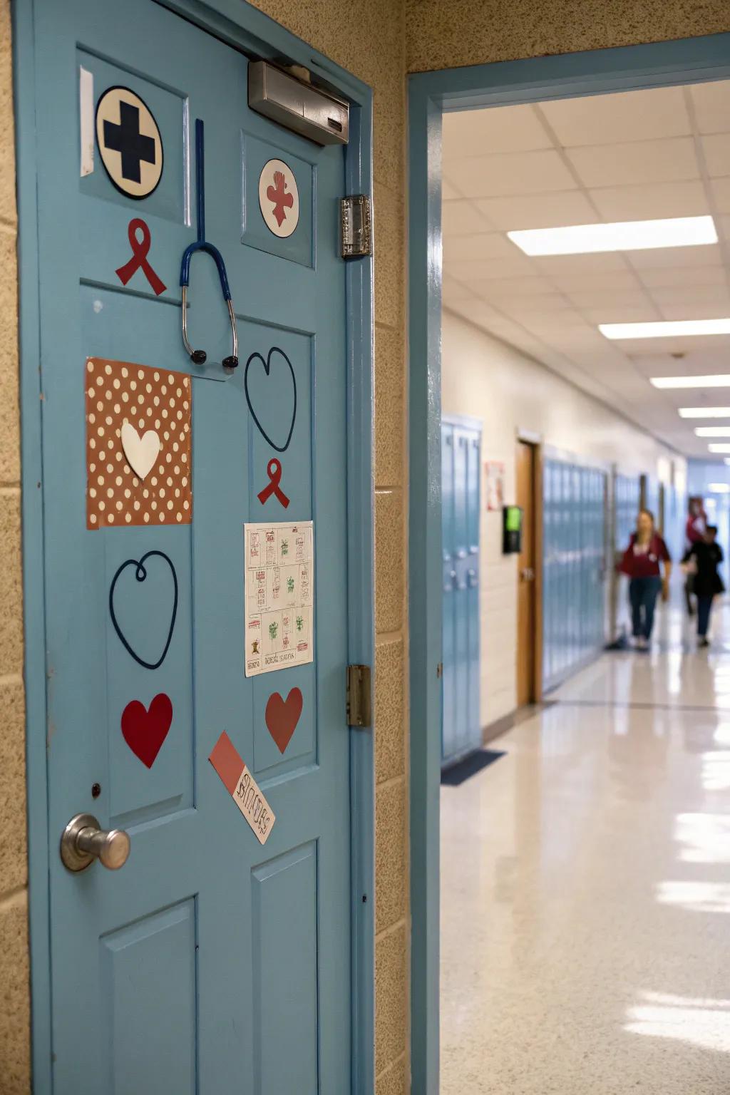The school nurse's entrance showcasing medical symbols, thereby reinforcing a wellness-oriented theme.