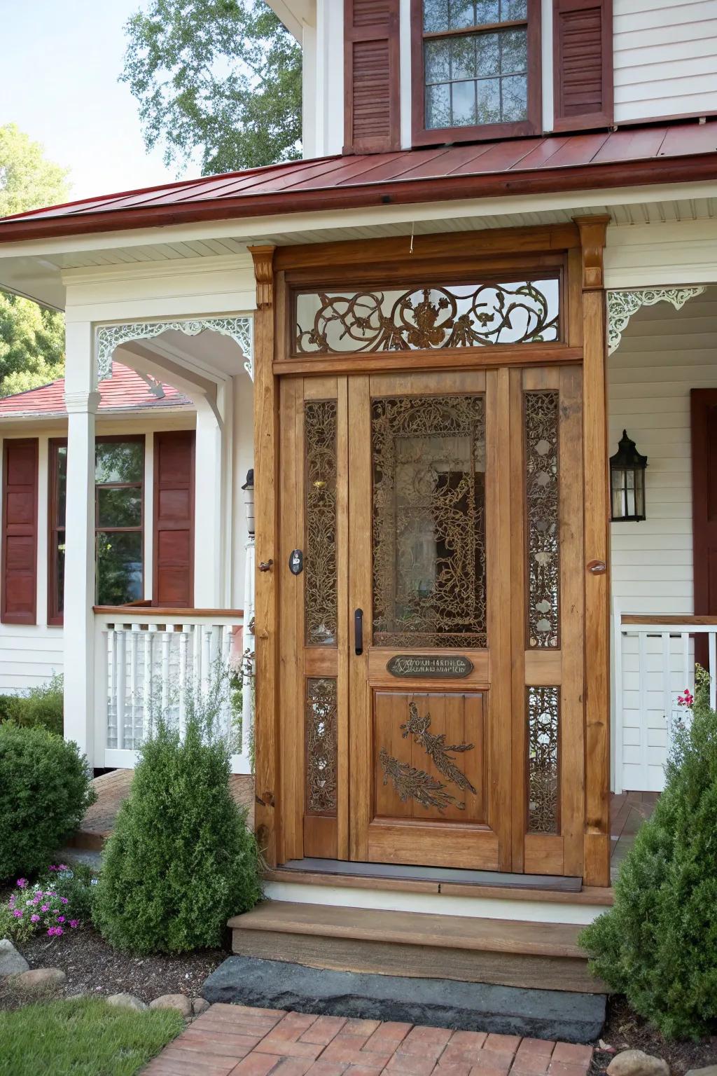 This DIY screen door features custom engravings for a personalized look.