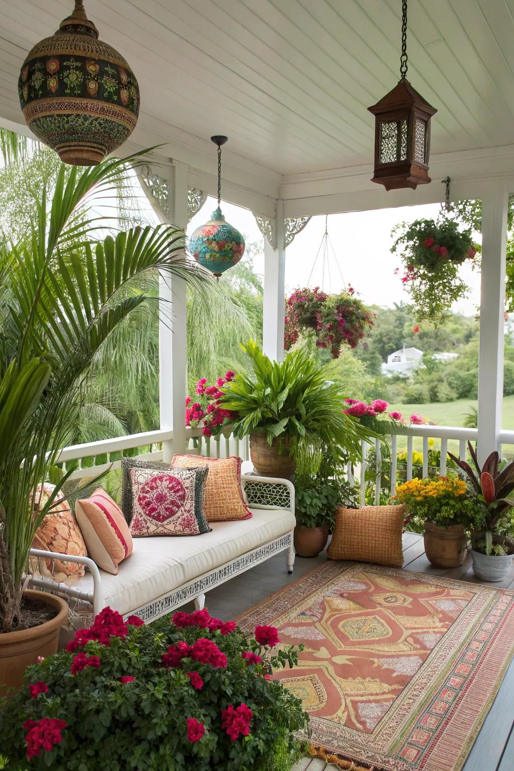 A veranda with a tropical theme infuses your home with a vacation atmosphere.