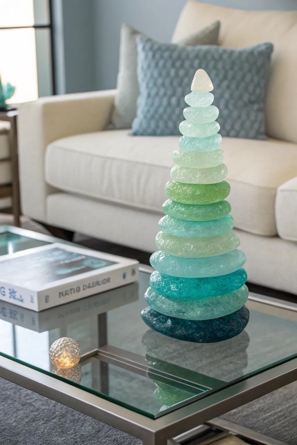 Layered sea glass sculptures are a remarkable conversation piece.