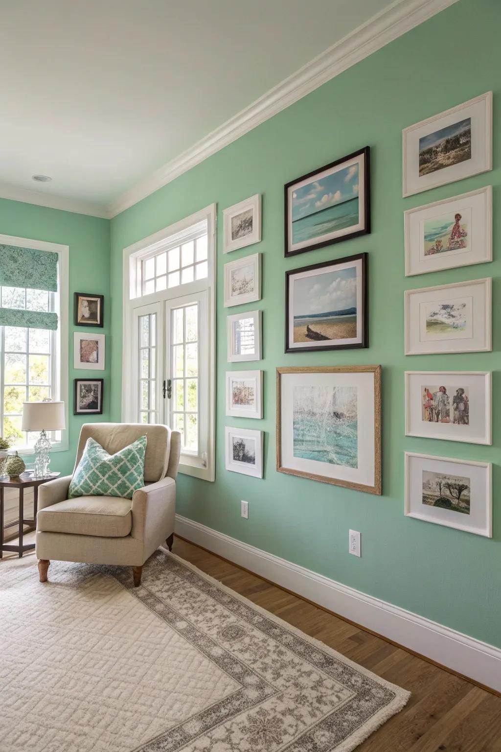 An attractive seafoam green feature wall within a creative environment.