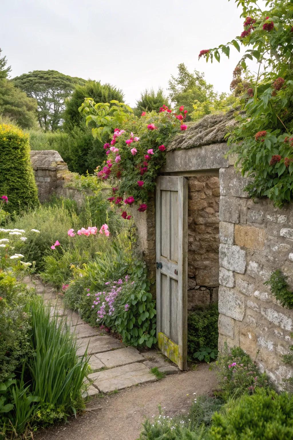 Behind a stonewall lies a secret garden entrance, just waiting to be discovered.