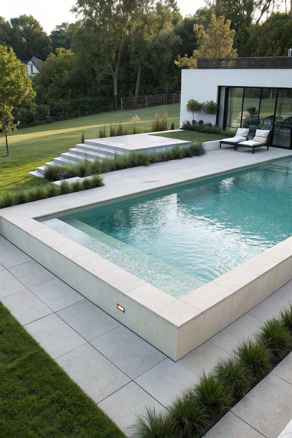 A minimalist semi inground pool with sleek geometric design elements.