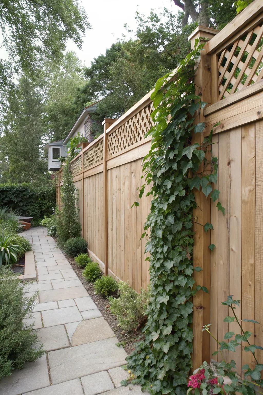 A delightful lattice top adds elegance and practicality to a semi-private fence.