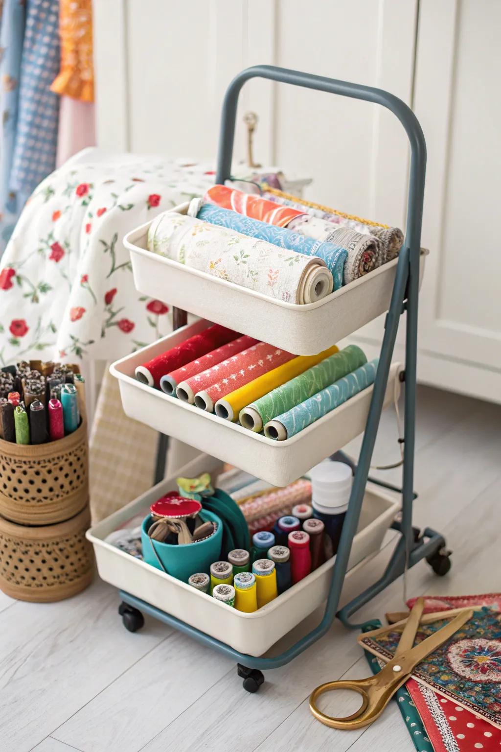 A rolling cart provides mobility and organization.