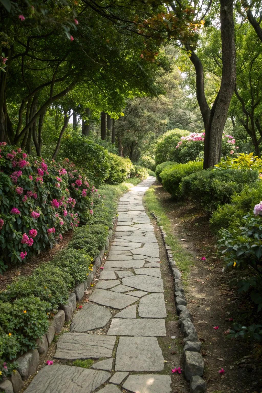 Charming rock routes lined by lush greenery.