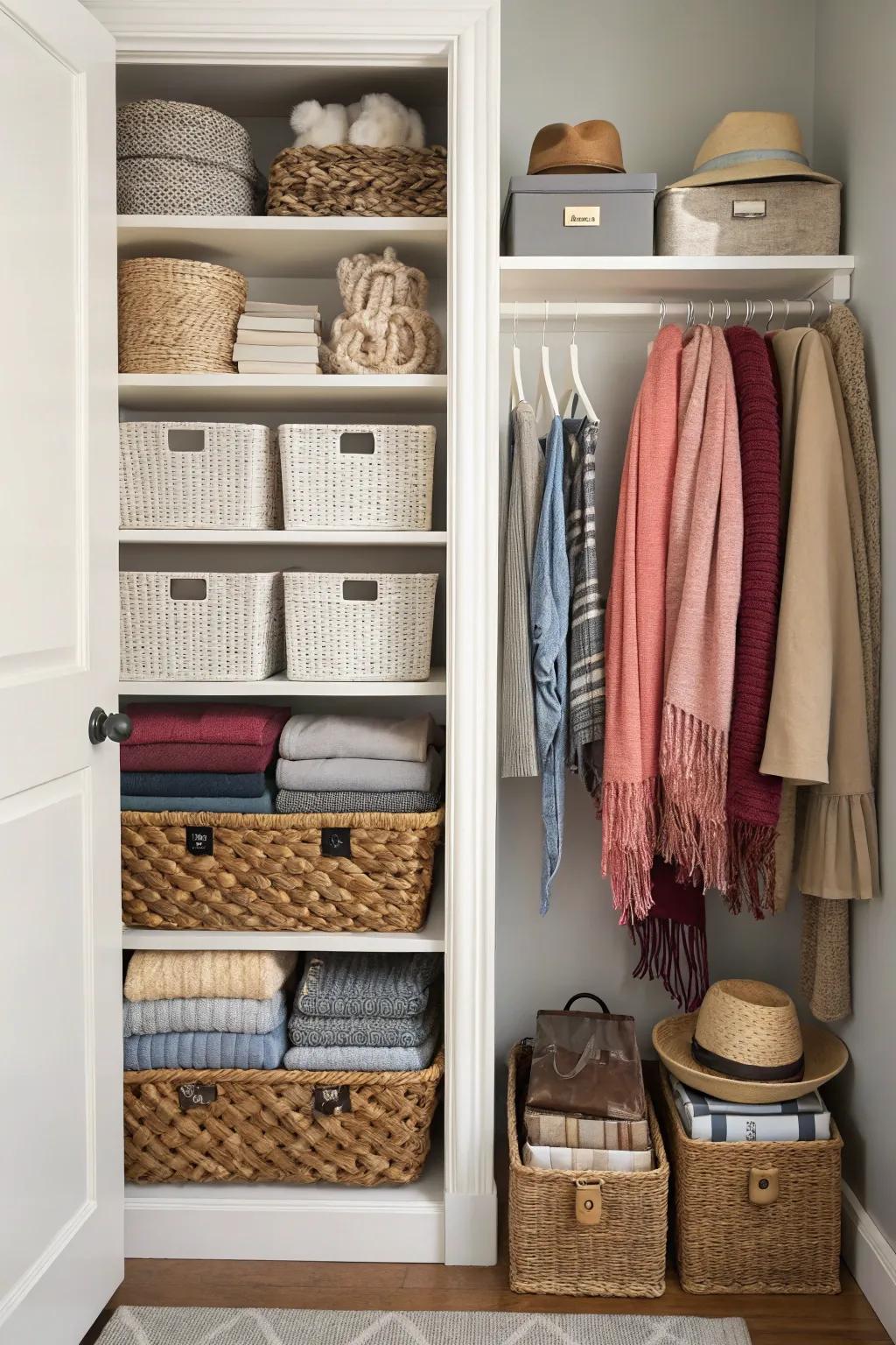 Braided baskets and bins neatly organizing accessories in a shared closet.