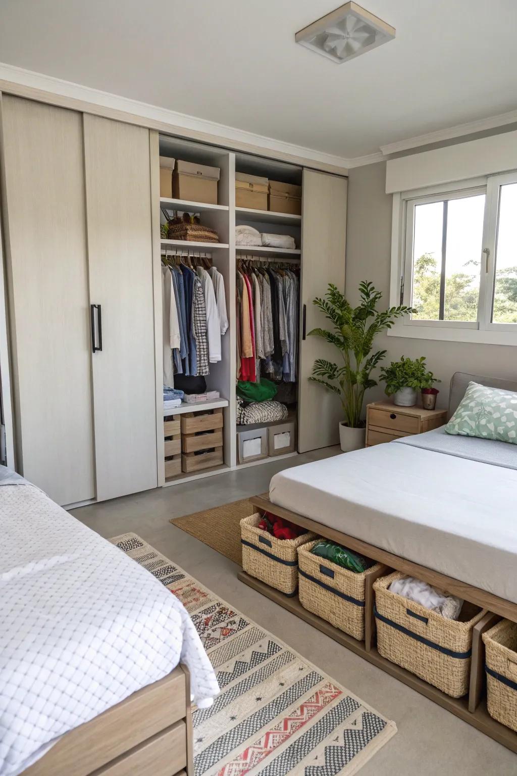 Smart storage options maintain a tidy and useful shared space.