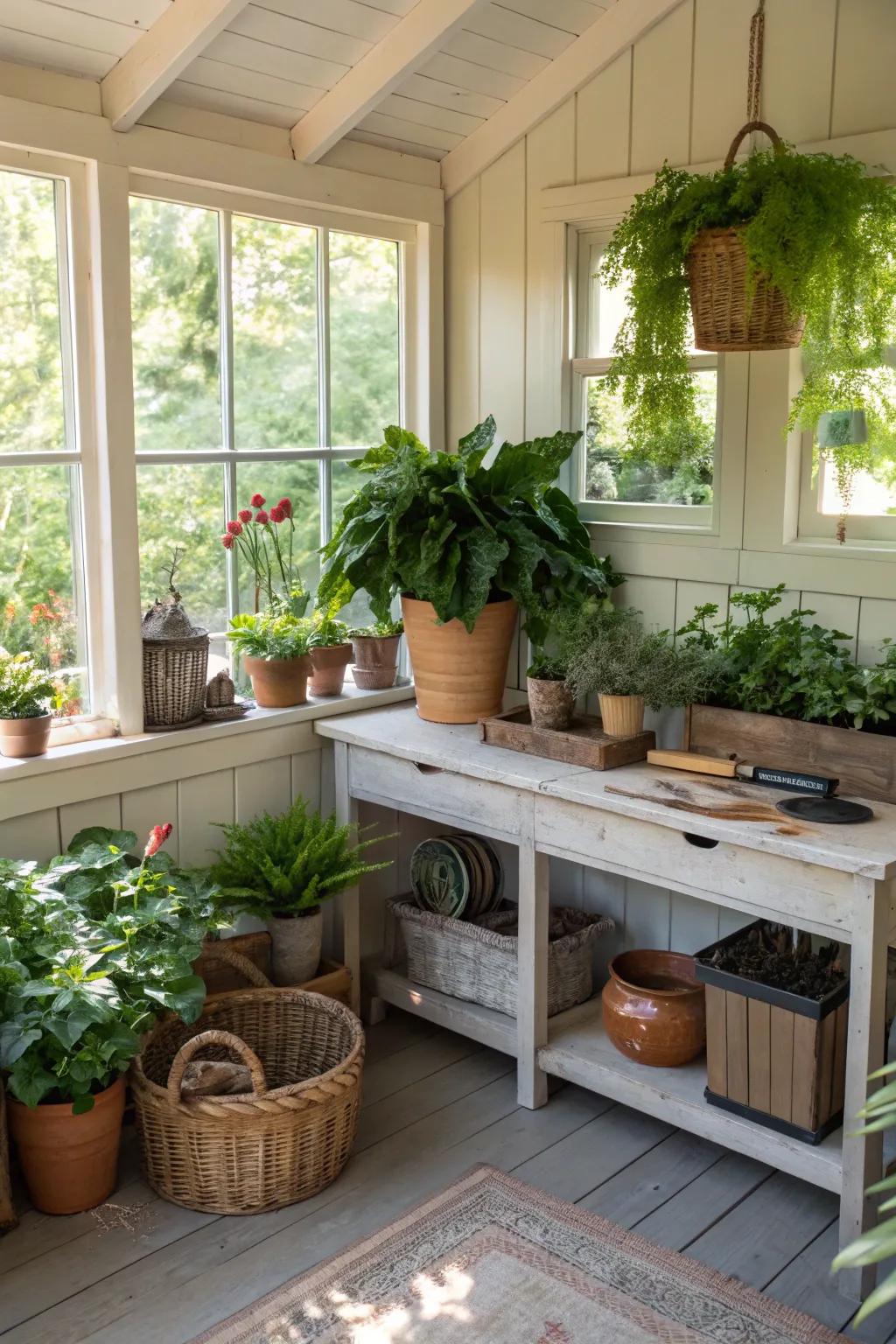 A peaceful gardening space filled with green plants.