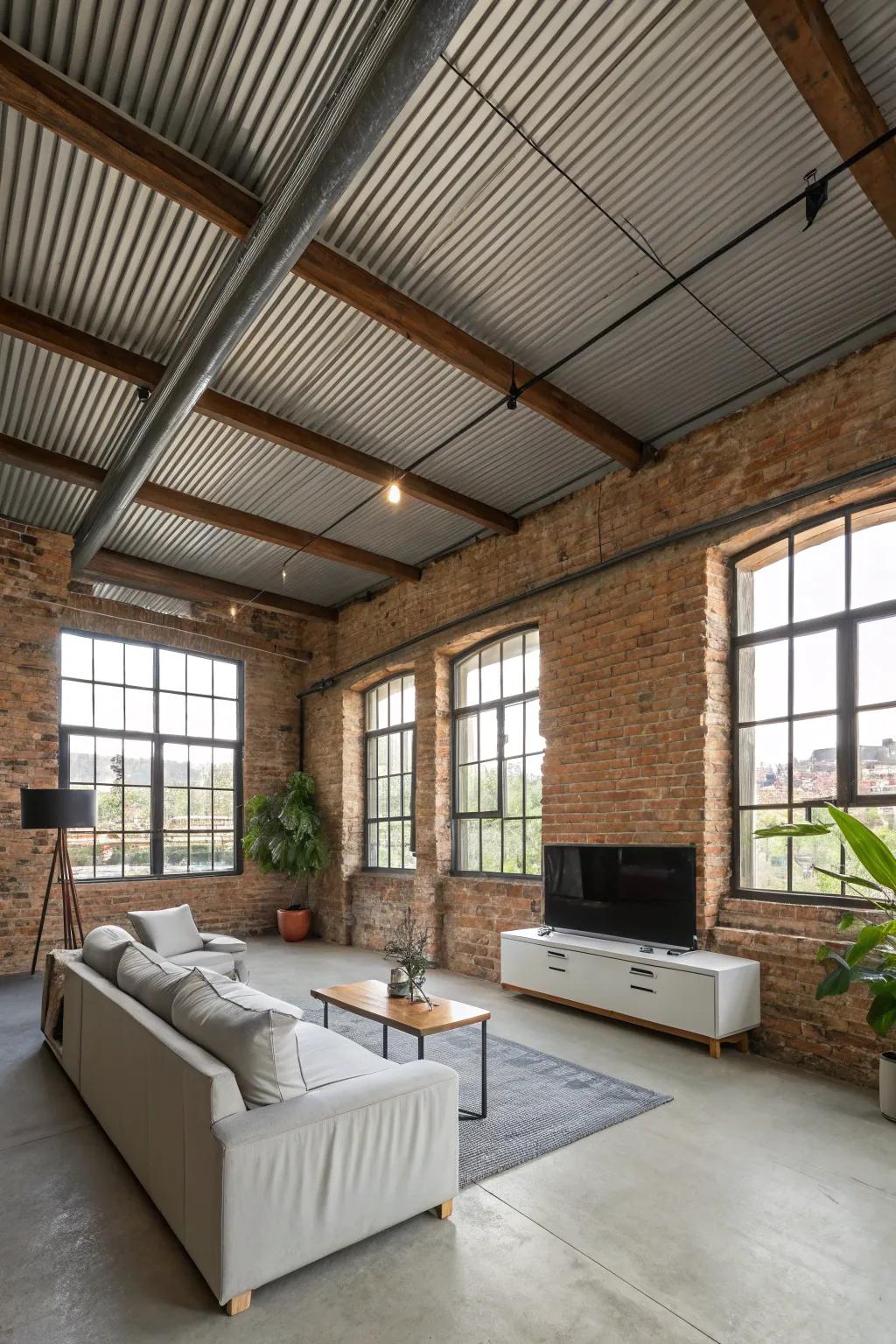 An industrial loft showcases a stunning corrugated metal shed ceiling.
