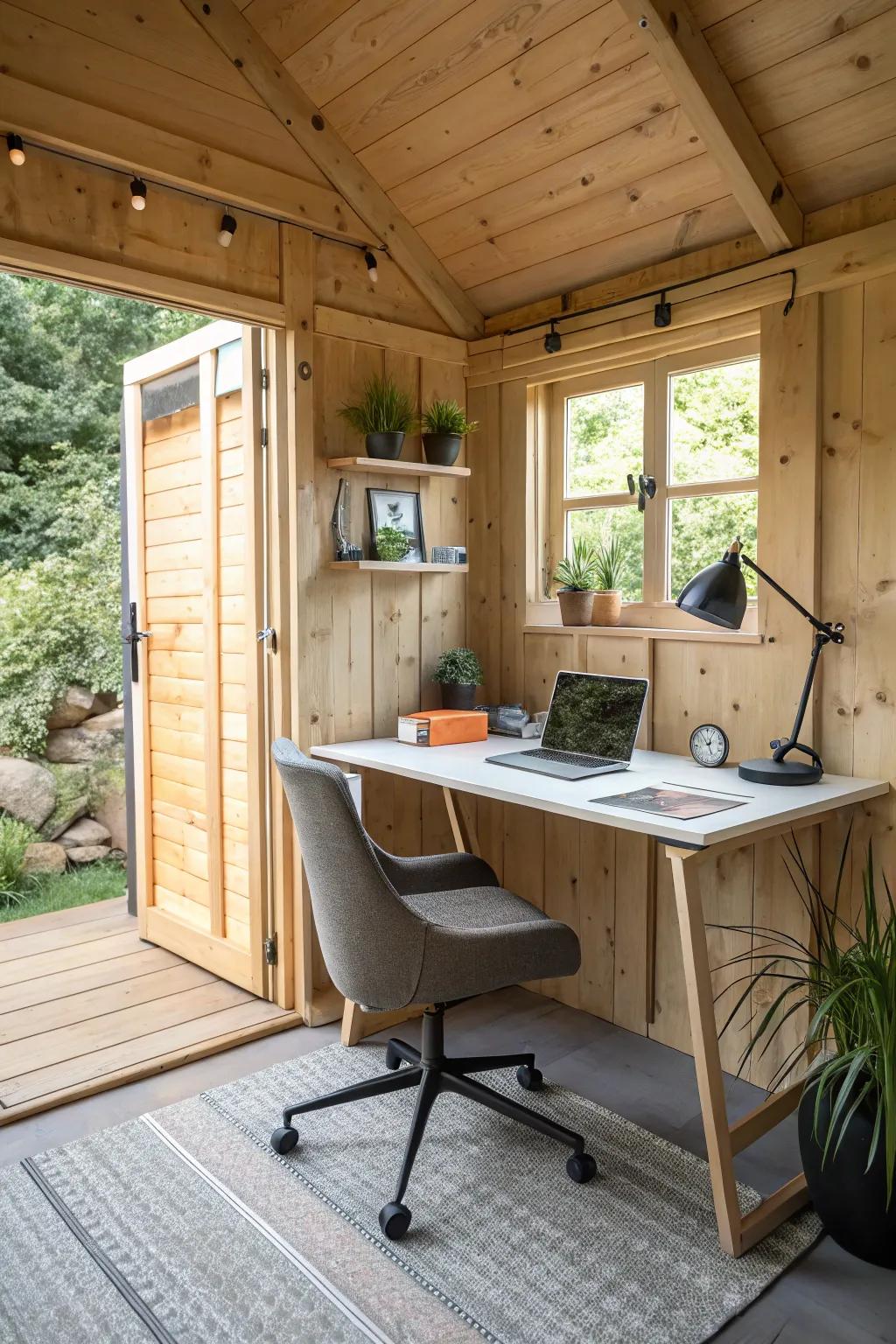 A shed transformed into a calm and productive home office setting.