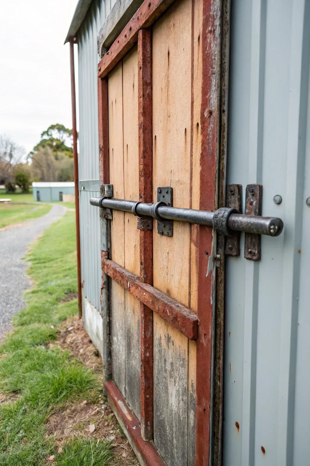 A sturdy metal security bar efficiently secures a shed door.