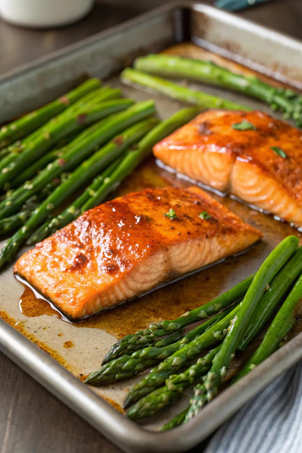 An elegant meal featuring sweet-glazed salmon alongside asparagus.