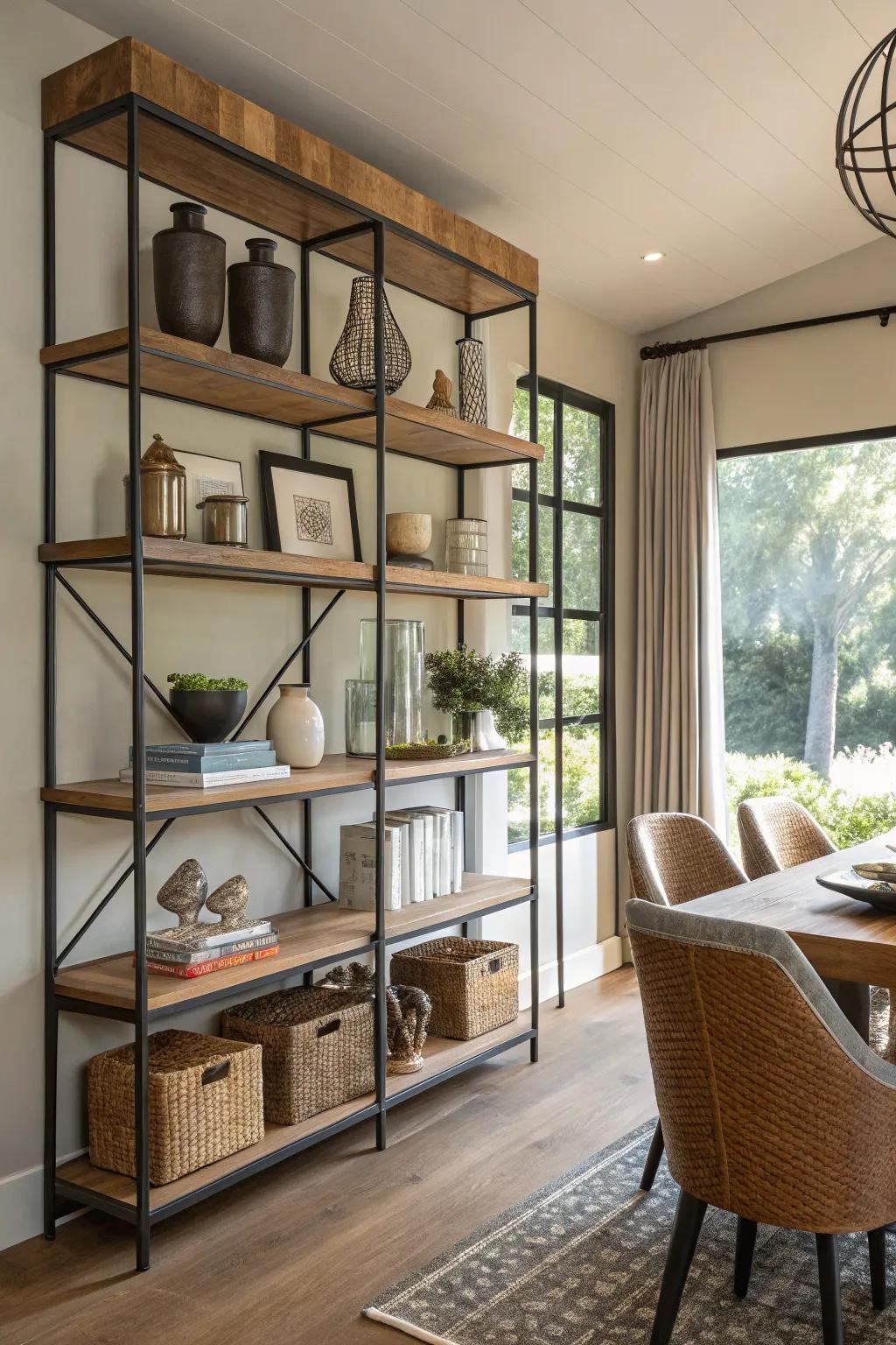 A notable blend of wood and metal shelves in a contemporary dining room.