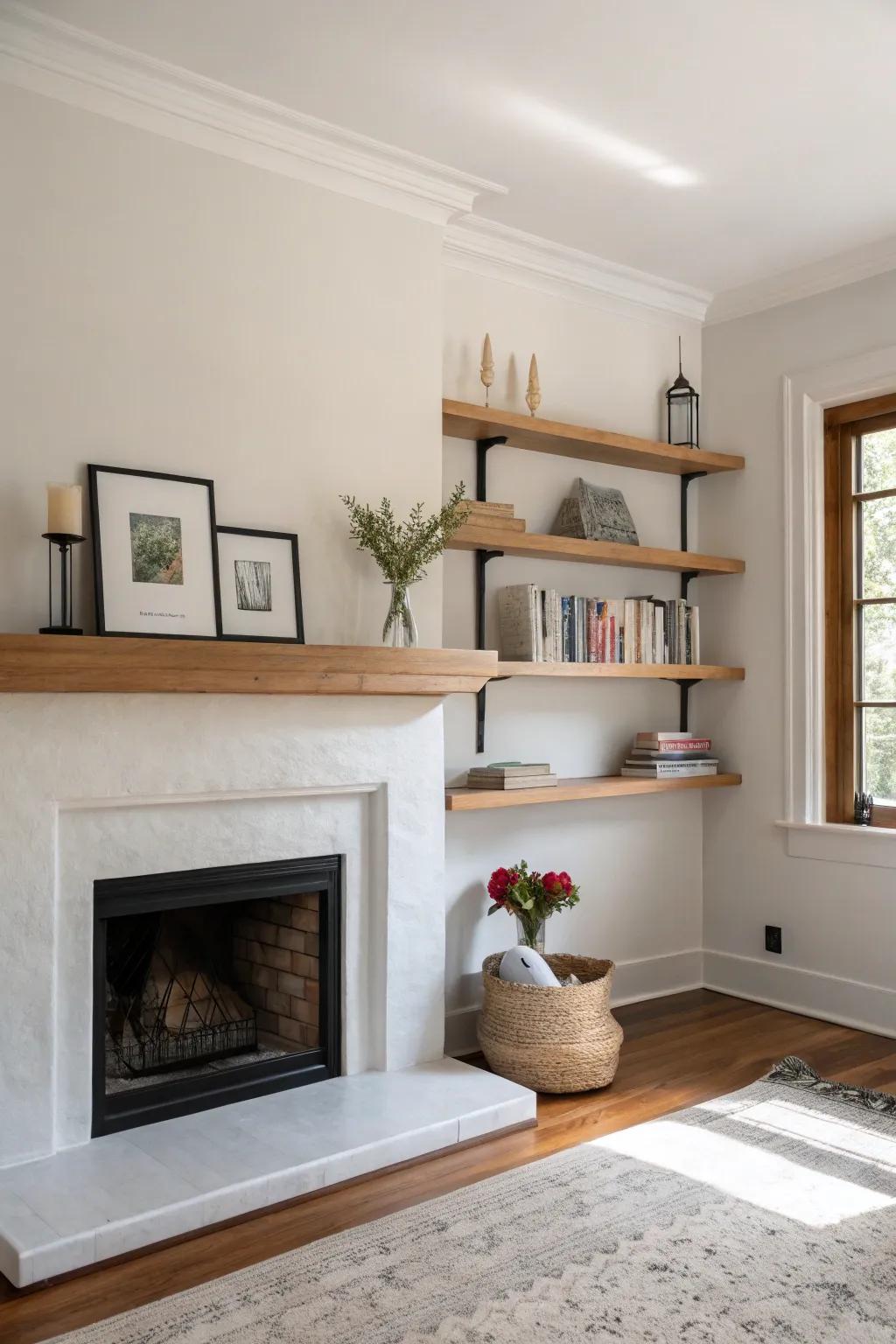 Drifting shelves contribute to a contemporary minimalist aesthetic.