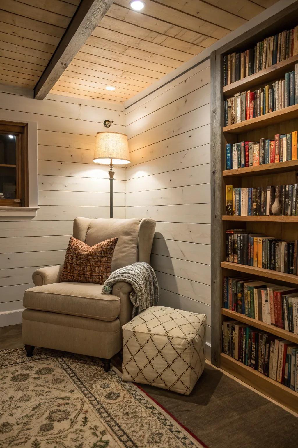 A groove paneling reading place in the basement, complete with a soft chair.
