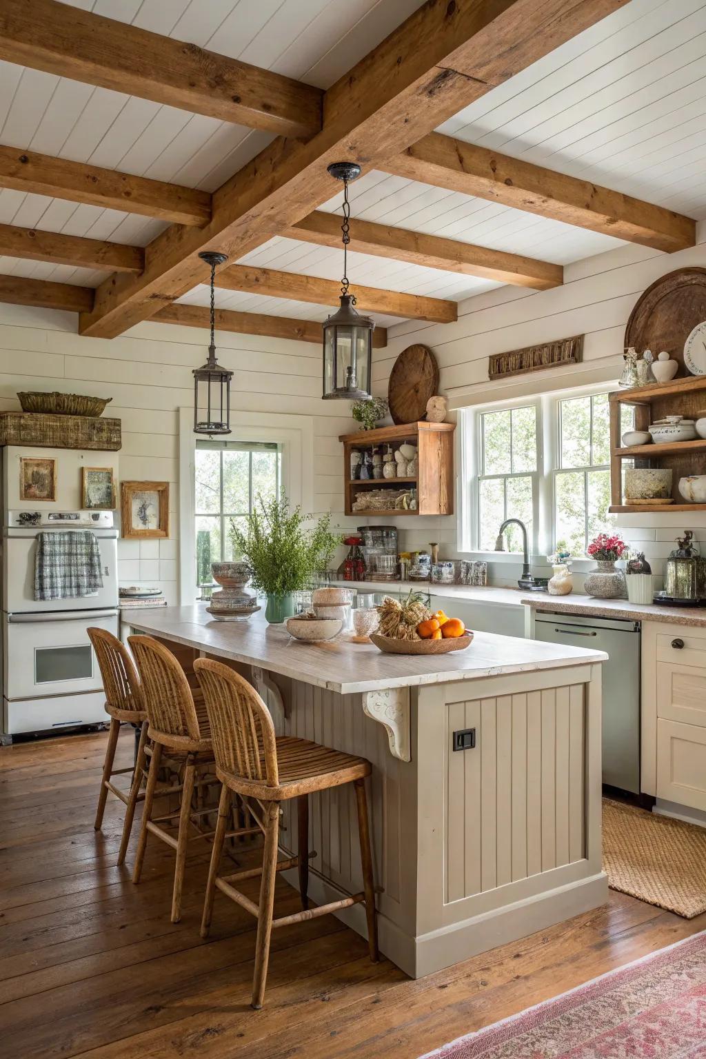 Country-inspired charm featuring a horizontal panel island and weathered timber beams.