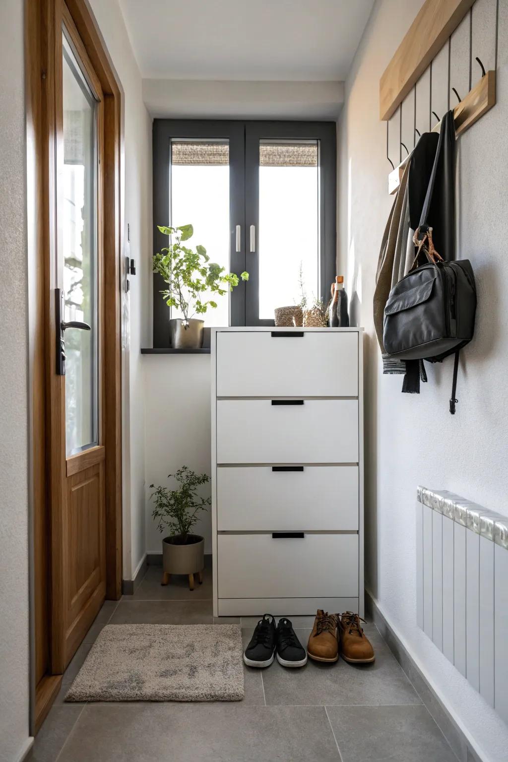 A narrow shoe cabinet maximizing storage in a compact space.