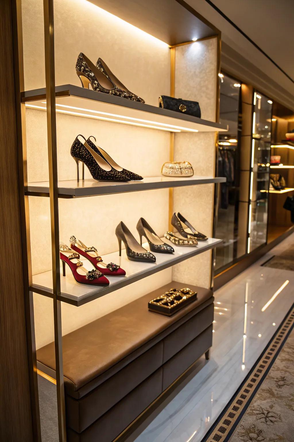 Shelves with LED lighting bring a dramatic touch to your footwear presentation.