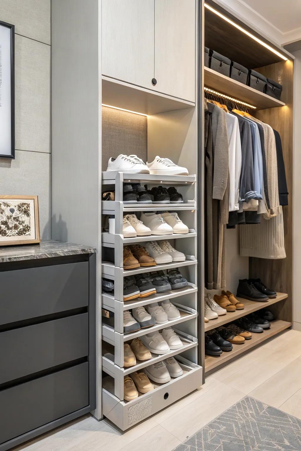 Customizable stackable racks deliver versatility for any shoe collection.