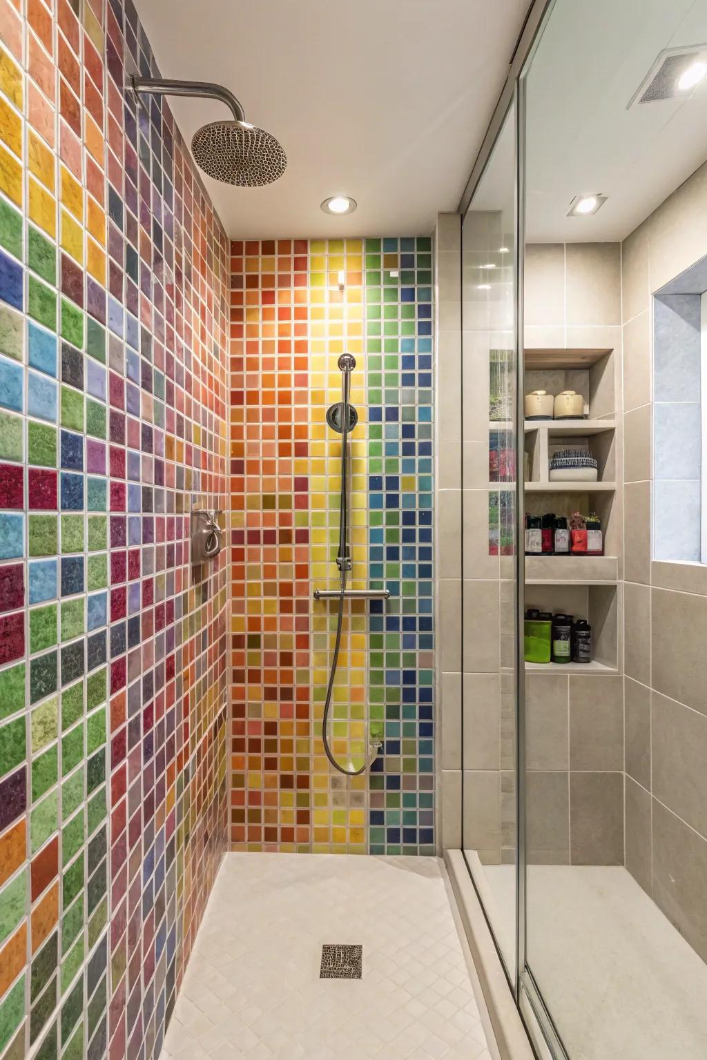 A burst of color and pattern using mosaic tiles adds personality to this shower.