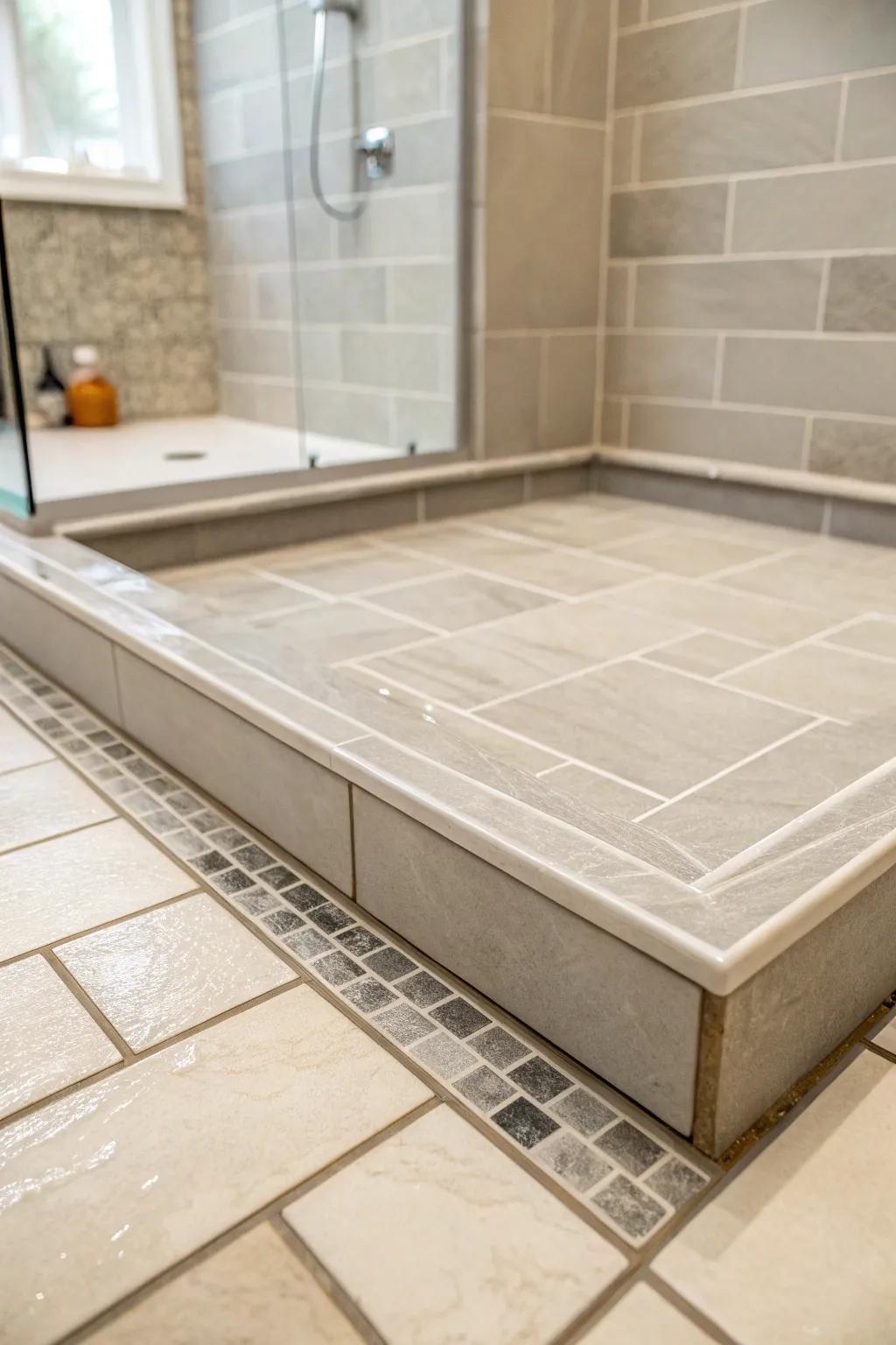 A shower base designed using large neutral and gray tiles for a simple and tranquil vibe.