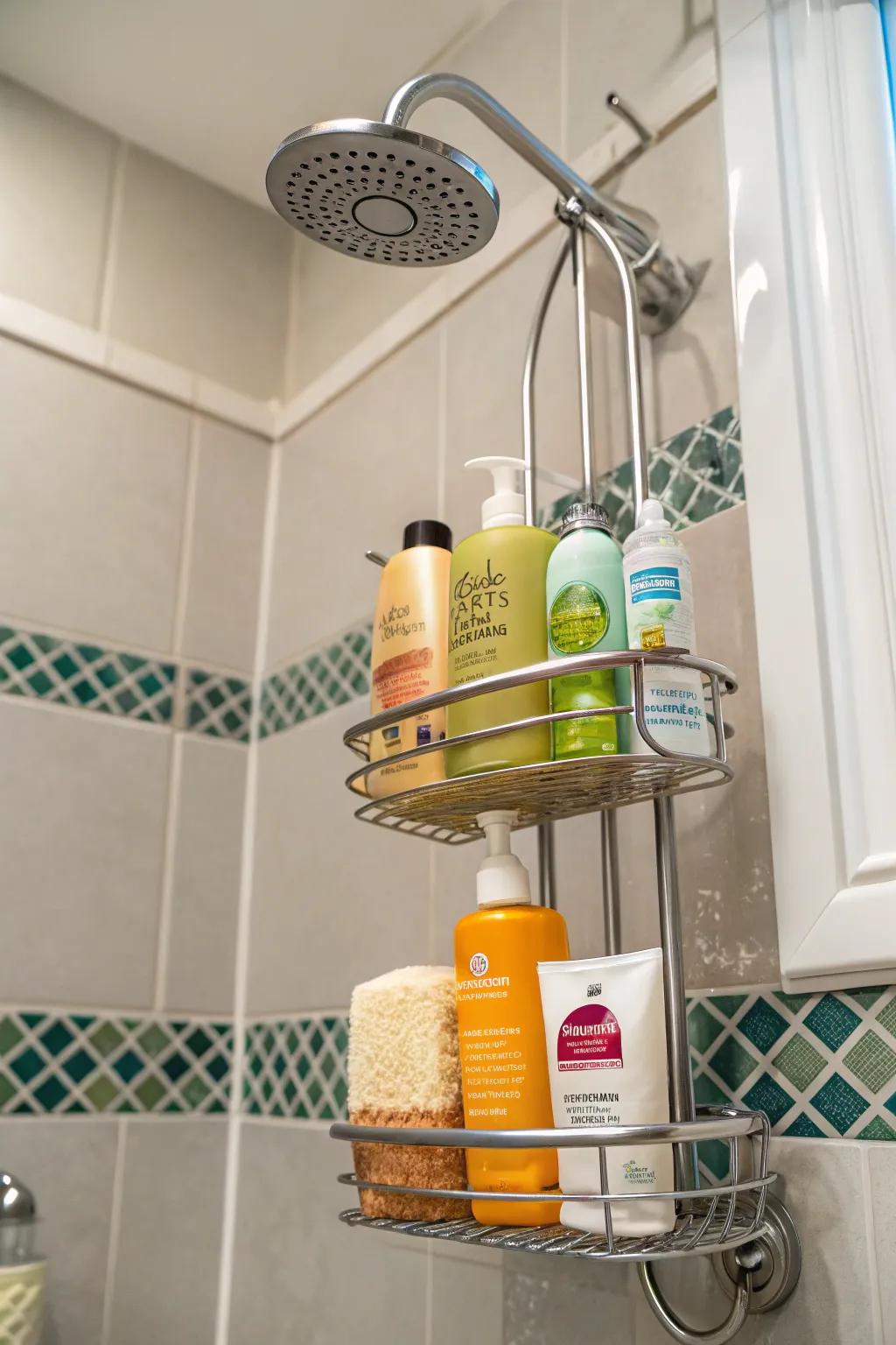 A hanging caddy maintains organized and accessible shower essentials.
