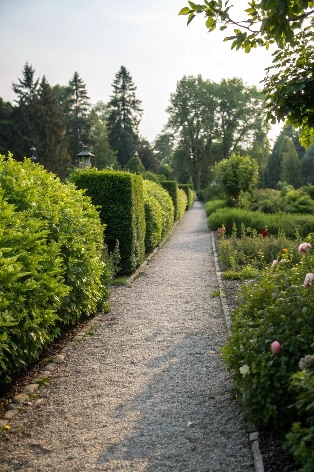 A picturesque pathway lined with lively shrubs in a tranquil garden setting.