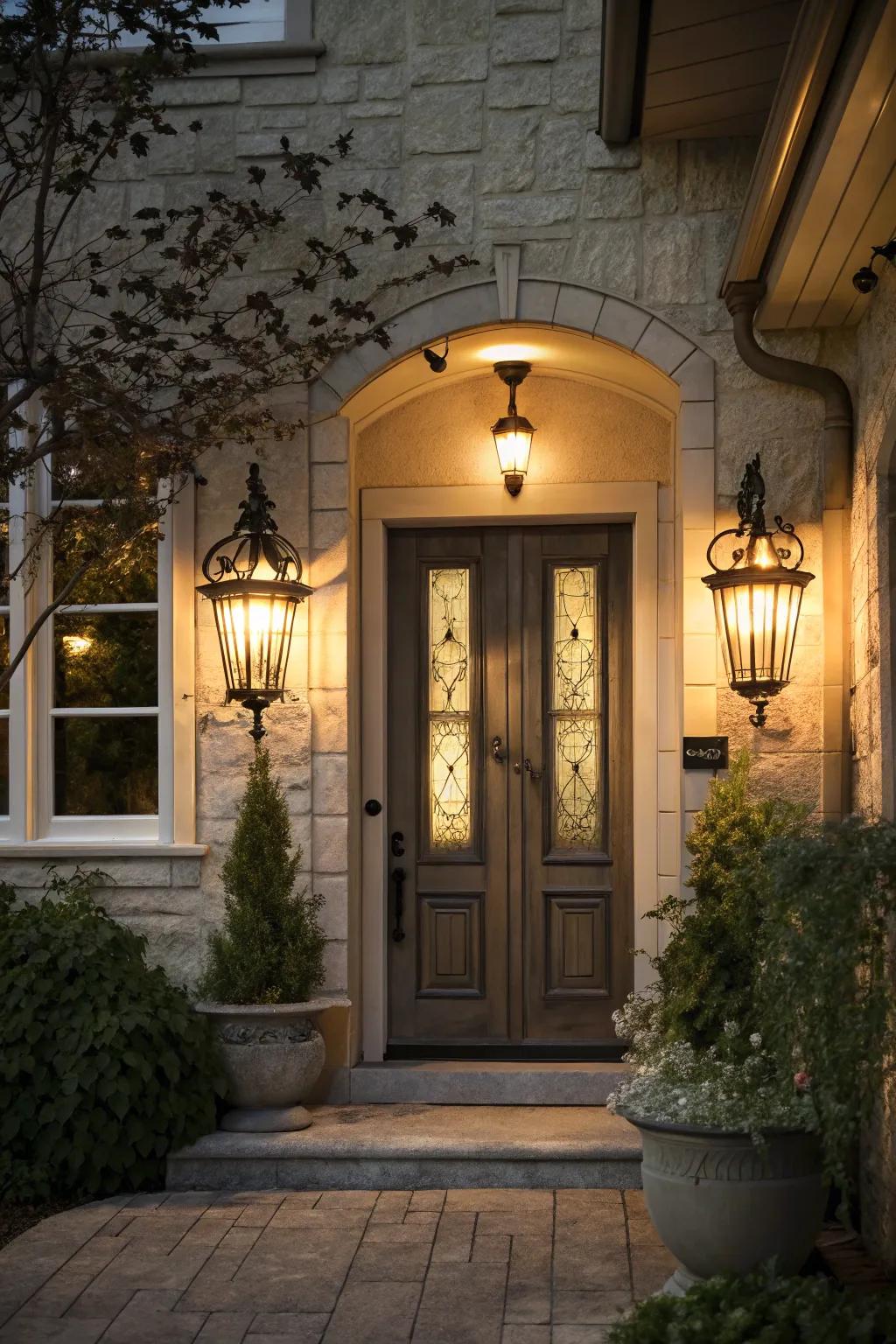 Wall lights make a warm welcome at this elegant entryway.