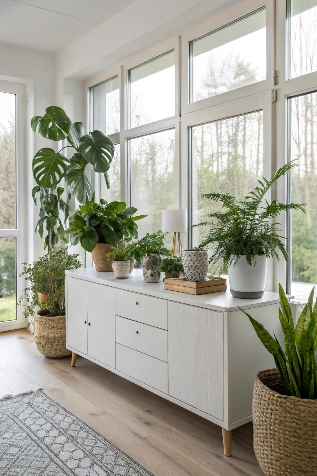 A collection of indoor plants on a sideboard brings in vibrant greenery and texture.
