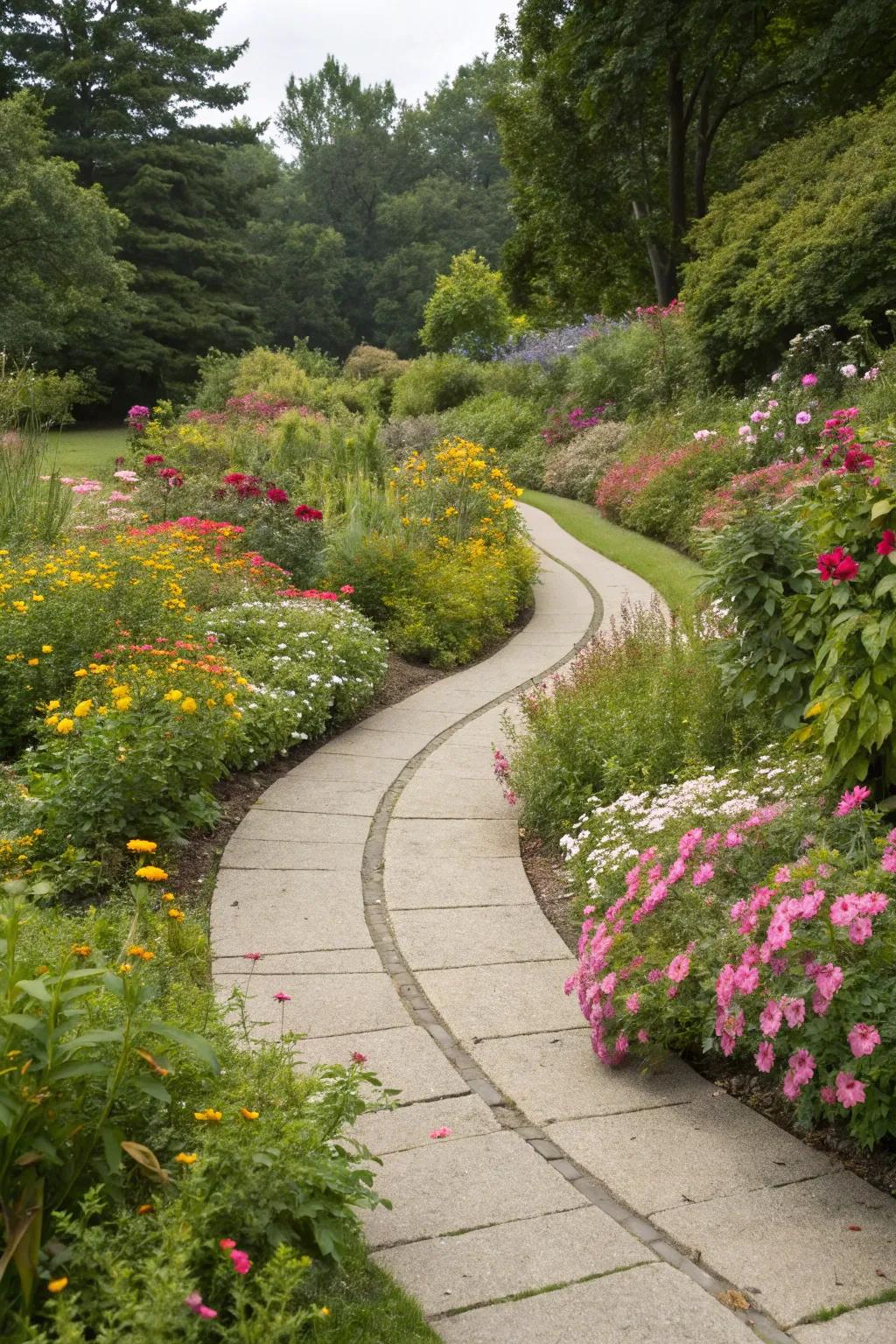 Curved routes generate a natural passage through the garden.