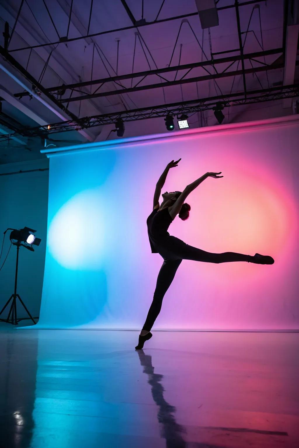 Dynamic dancer silhouette art livens up an art studio.
