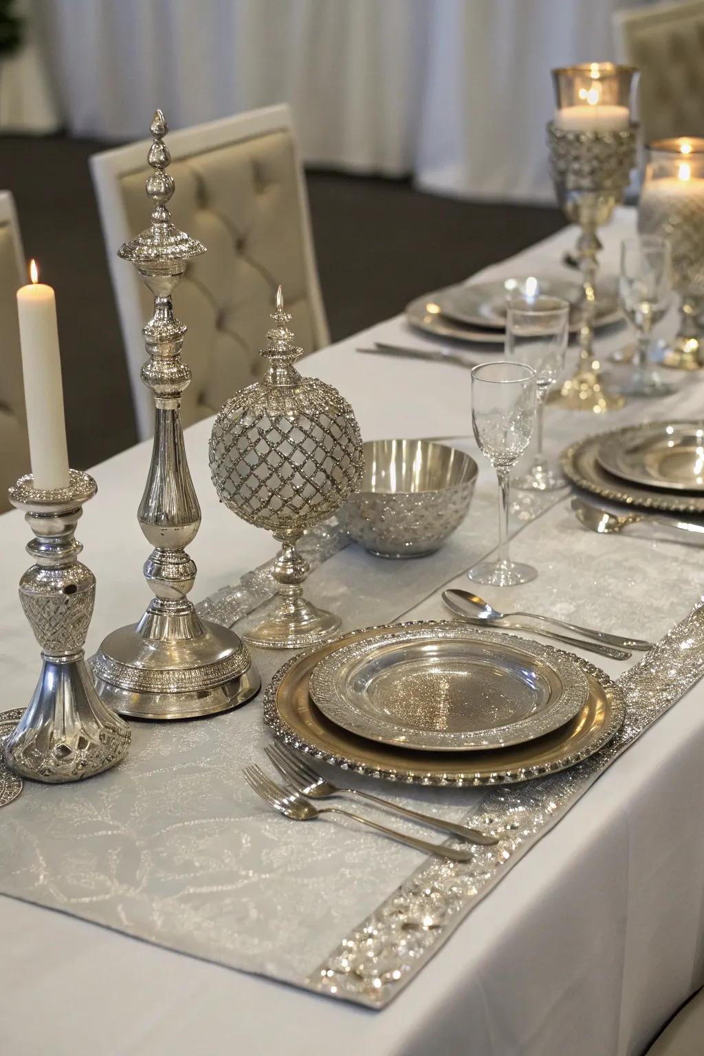 Create a sophisticated dining experience with silver table settings.