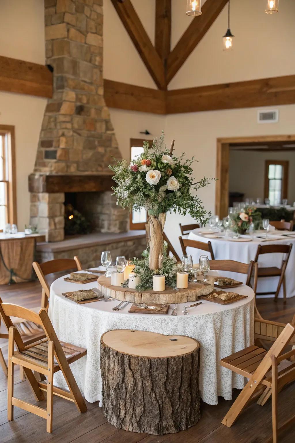 A rough-cut wood piece adds charm to a simple centerpiece.