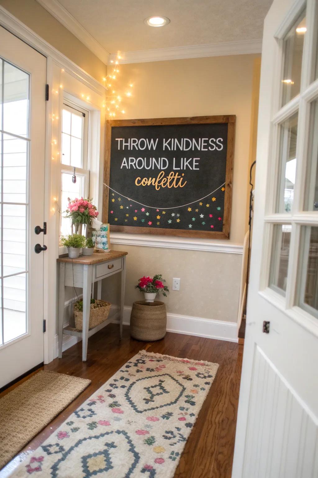 Entryway chalkboard featuring a kindness-themed quote.