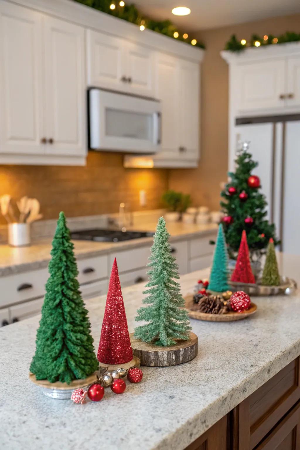 Scaled-down spruces append a whimsical element to the cooking area's ornamentation.