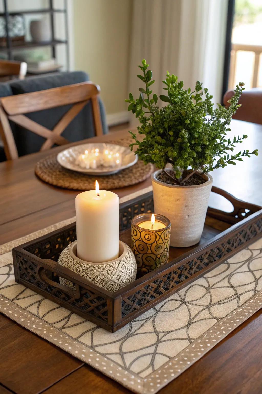 A decorative tray keeps the centerpiece organized.