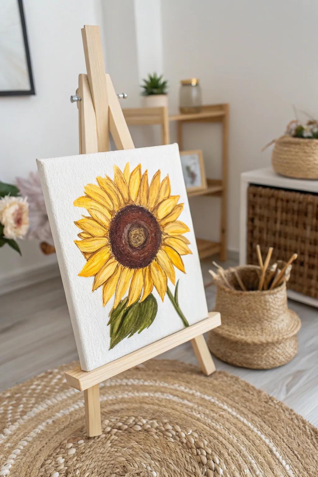 Infuse a hint of sunlight into your area through this minimalist sunflower artwork, impeccable for imparting warmth to any chamber.