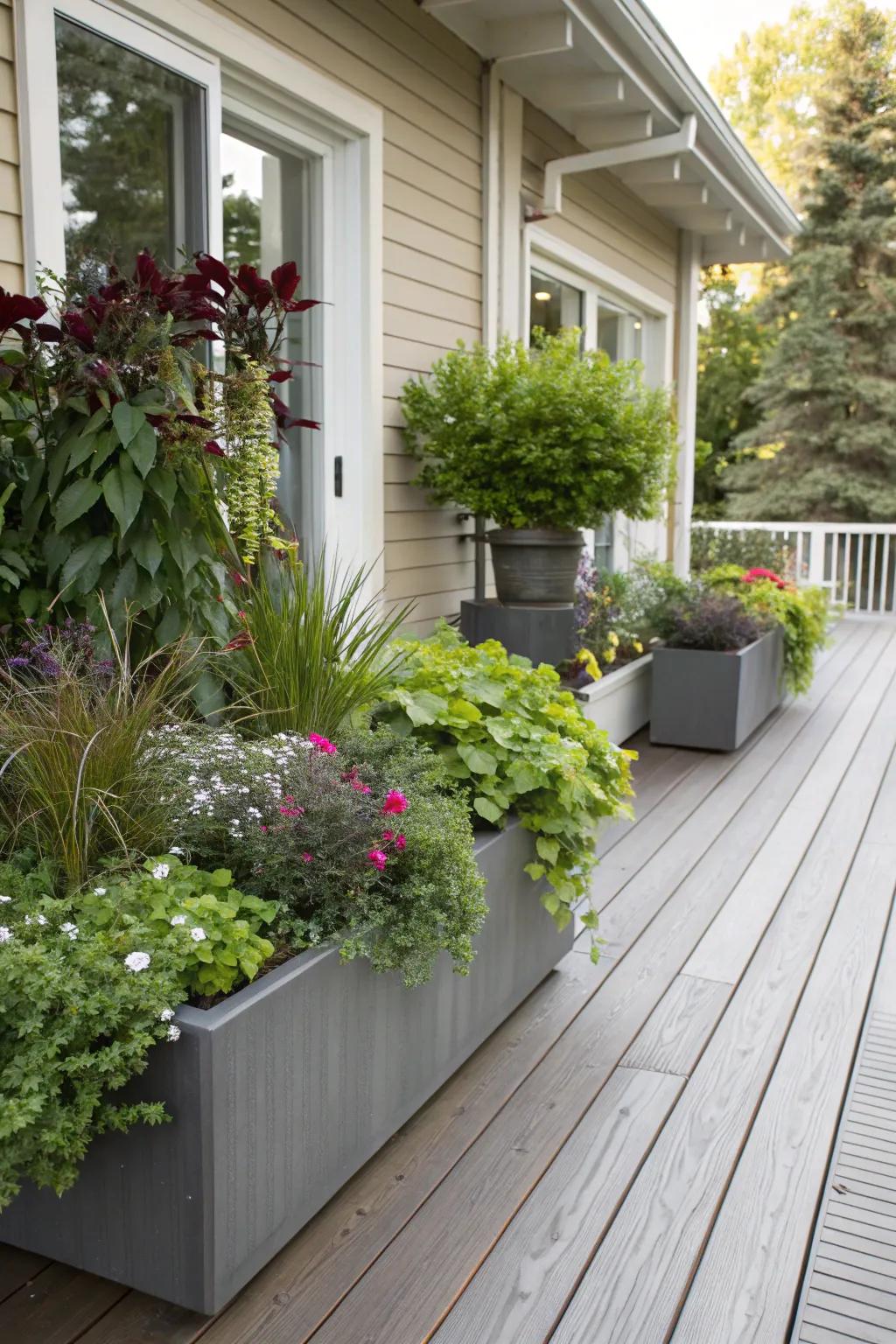 Planters with vibrant plants give the deck a welcoming atmosphere.